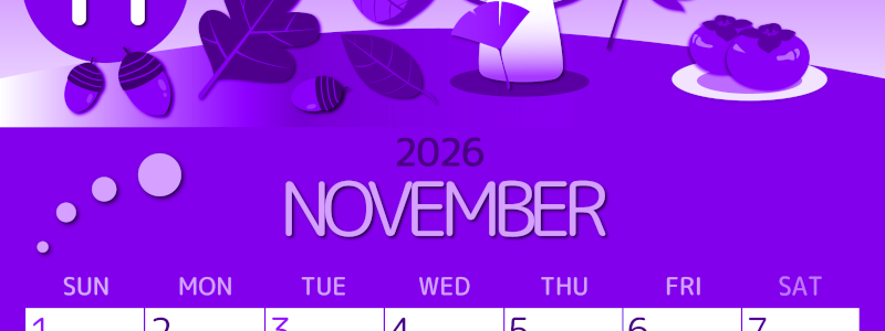 2026年11月縦型日曜始まり きのこイラストのかわいいA4無料パープルのカレンダー(2026-00991110)