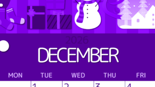 2026年12月縦型日曜始まり 雪だるまイラストのかわいいA4無料パープルのカレンダー(2026-00991210)