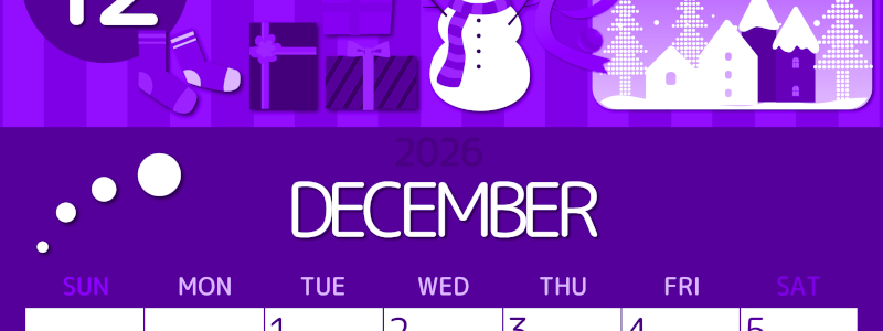 2026年12月縦型日曜始まり 雪だるまイラストのかわいいA4無料パープルのカレンダー(2026-00991210)
