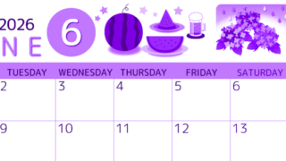 2026年6月横型月曜始まり すいかイラストのかわいいA4無料パープルのカレンダー(2026-00990601)
