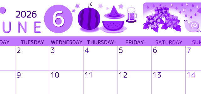 2026年6月横型月曜始まり すいかイラストのかわいいA4無料パープルのカレンダー(2026-00990601)