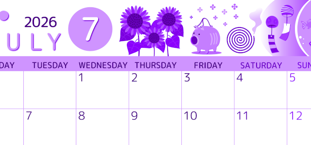 2026年7月横型月曜始まり 蚊取り線香イラストのかわいいA4無料パープルのカレンダー(2026-00990701)
