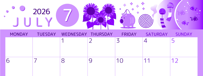 2026年7月横型月曜始まり 蚊取り線香イラストのかわいいA4無料パープルのカレンダー(2026-00990701)