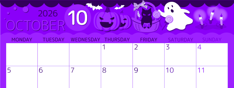 2026年10月横型月曜始まり 行事イラストのかわいいA4無料パープルのカレンダー(2026-00991001)