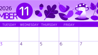 2026年11月横型月曜始まり きのこイラストのかわいいA4無料パープルのカレンダー(2026-00991101)