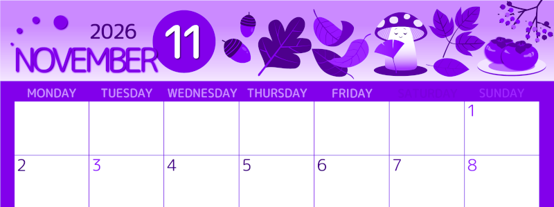 2026年11月横型月曜始まり きのこイラストのかわいいA4無料パープルのカレンダー(2026-00991101)