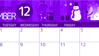 2026年12月横型月曜始まり 雪だるまイラストのかわいいA4無料パープルのカレンダー(2026-00991201)