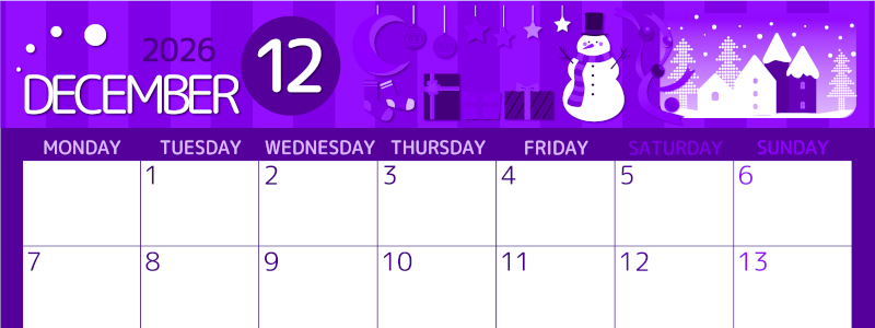 2026年12月横型月曜始まり 雪だるまイラストのかわいいA4無料パープルのカレンダー(2026-00991201)