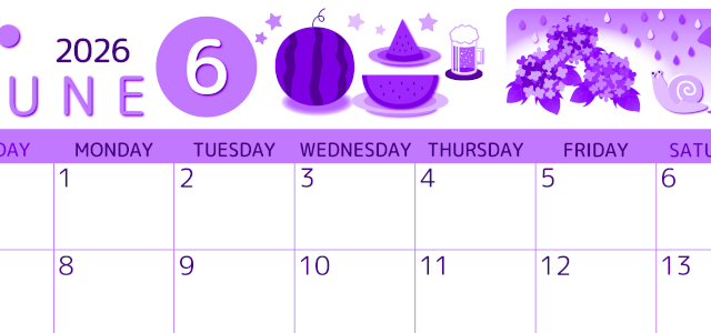 2026年6月横型日曜始まり すいかイラストのかわいいA4無料パープルのカレンダー(2026-00990600)