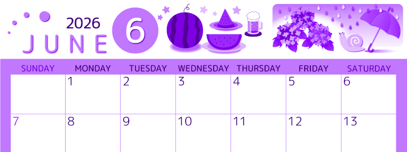 2026年6月横型日曜始まり すいかイラストのかわいいA4無料パープルのカレンダー(2026-00990600)