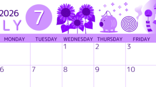 2026年7月横型日曜始まり 蚊取り線香イラストのかわいいA4無料パープルのカレンダー(2026-00990700)