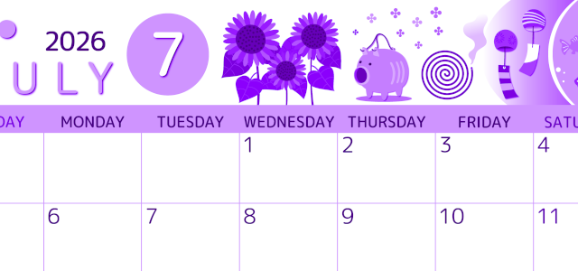 2026年7月横型日曜始まり 蚊取り線香イラストのかわいいA4無料パープルのカレンダー(2026-00990700)