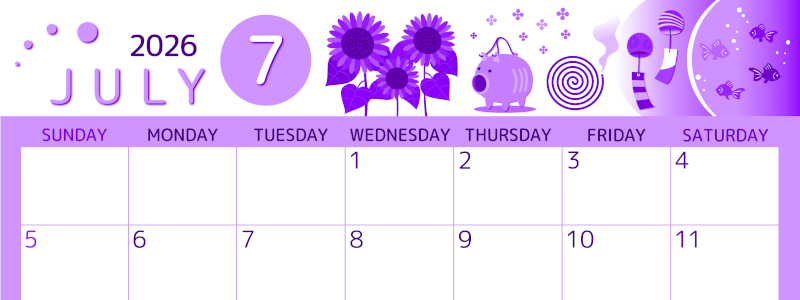 2026年7月横型日曜始まり 蚊取り線香イラストのかわいいA4無料パープルのカレンダー(2026-00990700)