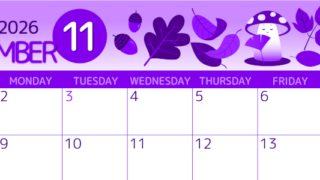 2026年11月横型日曜始まり きのこイラストのかわいいA4無料パープルのカレンダー(2026-00991100)