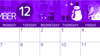 2026年12月横型日曜始まり 雪だるまイラストのかわいいA4無料パープルのカレンダー(2026-00991200)
