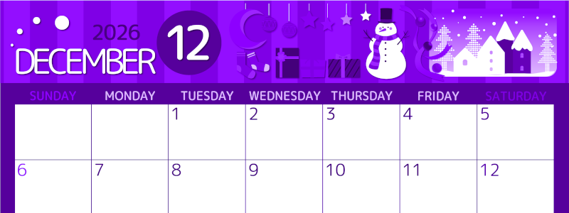 2026年12月横型日曜始まり 雪だるまイラストのかわいいA4無料パープルのカレンダー(2026-00991200)