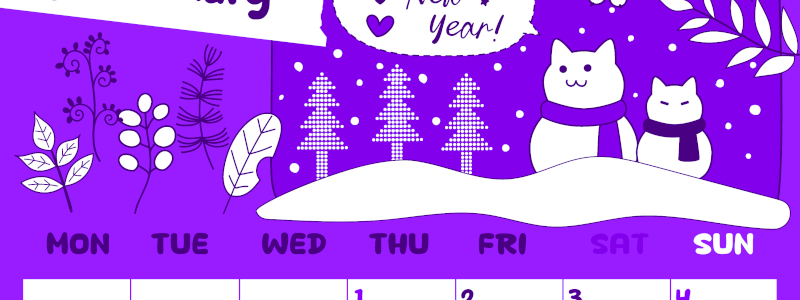 2026年1月縦型月曜始まり ポップな雪イラストのかわいいA4無料パープルのカレンダー(2026-01000111)