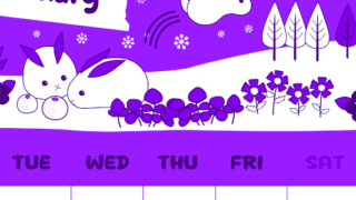 2026年2月縦型月曜始まり ポップかわいいイラストA4無料パープルのカレンダー(2026-01000211)