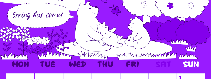 2026年3月縦型月曜始まり ポップかわいい白熊イラストのA4無料パープルのカレンダー(2026-01000311)