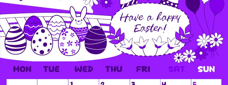 2026年4月縦型月曜始まり イースターエッグイラストのかわいいA4無料パープルのカレンダー(2026-01000411)