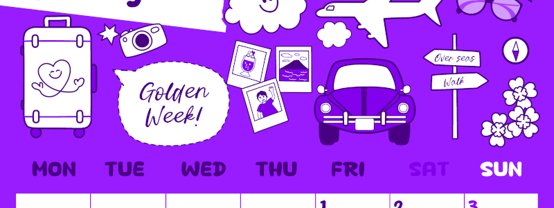 2026年5月縦型月曜始まり GWイラストのかわいいA4無料パープルのカレンダー(2026-01000511)