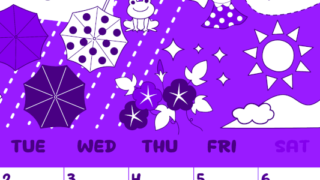 2026年6月縦型月曜始まり 季節イラストのかわいいA4無料パープルのカレンダー(2026-01000611)