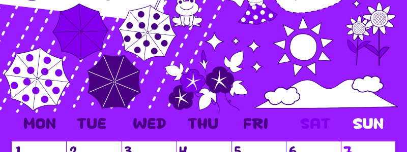 2026年6月縦型月曜始まり 季節イラストのかわいいA4無料パープルのカレンダー(2026-01000611)