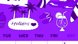 2026年8月縦型月曜始まり 海岸イラストのかわいいA4無料パープルのカレンダー(2026-01000811)