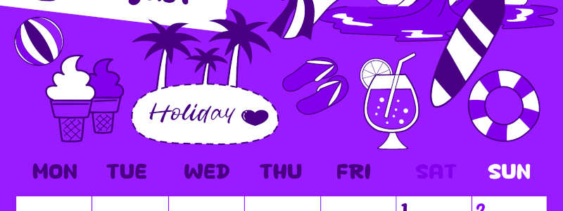 2026年8月縦型月曜始まり 海岸イラストのかわいいA4無料パープルのカレンダー(2026-01000811)