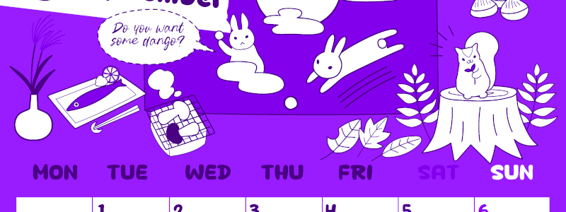 2026年9月縦型月曜始まり 森の動物イラストがかわいいA4無料パープルのカレンダー(2026-01000911)