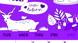 2026年10月縦型月曜始まり 鹿のイラストがかわいいA4無料パープルのカレンダー(2026-01001011)