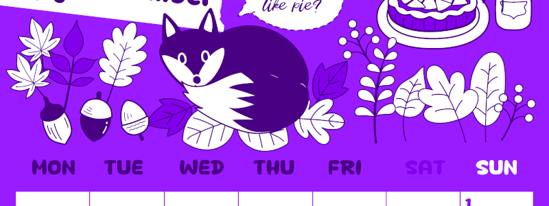 2026年11月縦型月曜始まり アップルパイのイラストがかわいいA4無料パープルのカレンダー(2026-01001111)