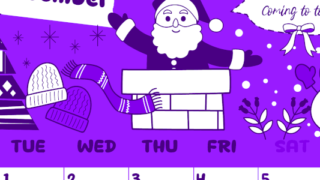 2026年12月縦型月曜始まり サンタのイラストがかわいいA4無料パープルのカレンダー(2026-01001211)