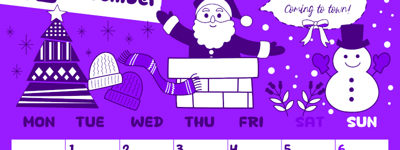 2026年12月縦型月曜始まり サンタのイラストがかわいいA4無料パープルのカレンダー(2026-01001211)