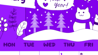 2026年1月縦型日曜始まり ポップな猫イラストのかわいいA4無料パープルのカレンダー(2026-01000110)