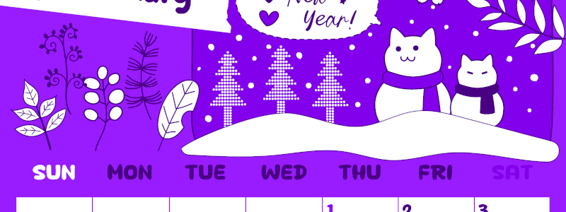 2026年1月縦型日曜始まり ポップな猫イラストのかわいいA4無料パープルのカレンダー(2026-01000110)