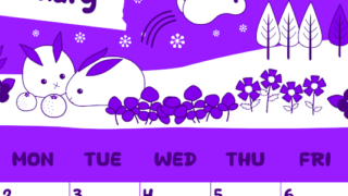 2026年2月縦型日曜始まり ポップかわいいイラストA4無料パープルのカレンダー(2026-01000210)