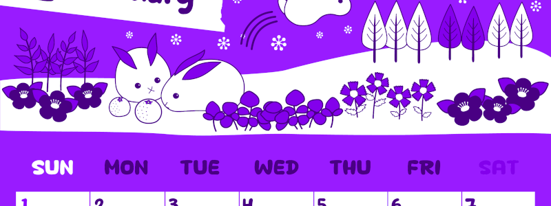 2026年2月縦型日曜始まり ポップかわいいイラストA4無料パープルのカレンダー(2026-01000210)