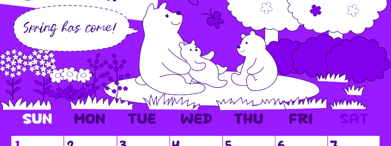 2026年3月縦型日曜始まり ポップかわいい白熊イラストのA4無料パープルのカレンダー(2026-01000310)