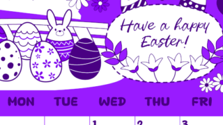 2026年4月縦型日曜始まり イースターエッグイラストのかわいいA4無料パープルのカレンダー(2026-01000410)