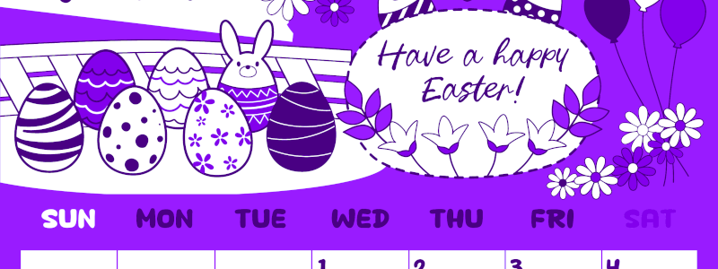 2026年4月縦型日曜始まり イースターエッグイラストのかわいいA4無料パープルのカレンダー(2026-01000410)