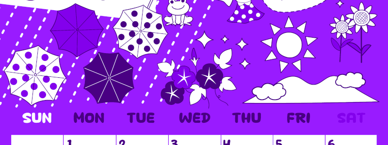 2026年6月縦型日曜始まり 季節イラストのかわいいA4無料パープルのカレンダー(2026-01000610)