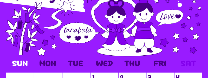 2026年7月縦型日曜始まり ポップなイラストがかわいいA4無料パープルのカレンダー(2026-01000710)