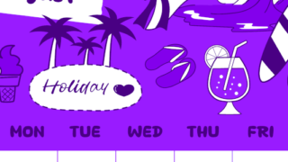 2026年8月縦型日曜始まり 海岸イラストのかわいいA4無料パープルのカレンダー(2026-01000810)