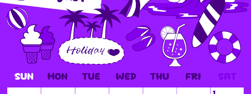 2026年8月縦型日曜始まり 海岸イラストのかわいいA4無料パープルのカレンダー(2026-01000810)