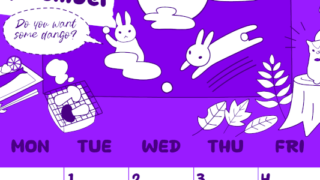 2026年9月縦型日曜始まり 森の動物イラストがかわいいA4無料パープルのカレンダー(2026-01000910)