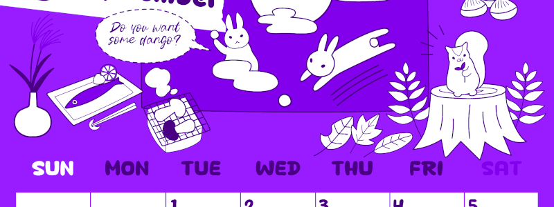 2026年9月縦型日曜始まり 森の動物イラストがかわいいA4無料パープルのカレンダー(2026-01000910)