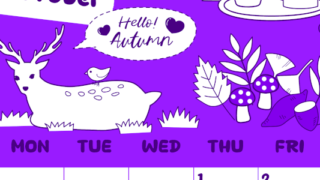 2026年10月縦型日曜始まり 鹿のイラストがかわいいA4無料パープルのカレンダー(2026-01001010)