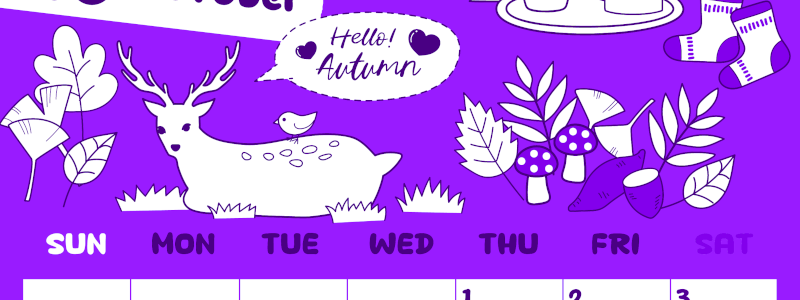 2026年10月縦型日曜始まり 鹿のイラストがかわいいA4無料パープルのカレンダー(2026-01001010)