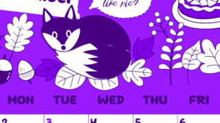 2026年11月縦型日曜始まり アップルパイのイラストがかわいいA4無料パープルのカレンダー(2026-01001110)